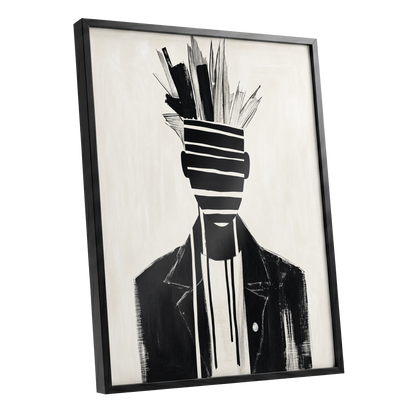 Striped Vanguard, black, beige, gray abstract wall art shown as a black framed poster wall art print