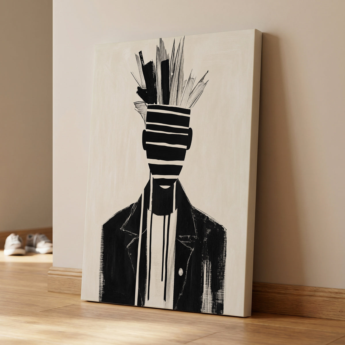 Striped Vanguard, black, beige, gray abstract wall art on canvas displayed in a styled interior, gallery view 1