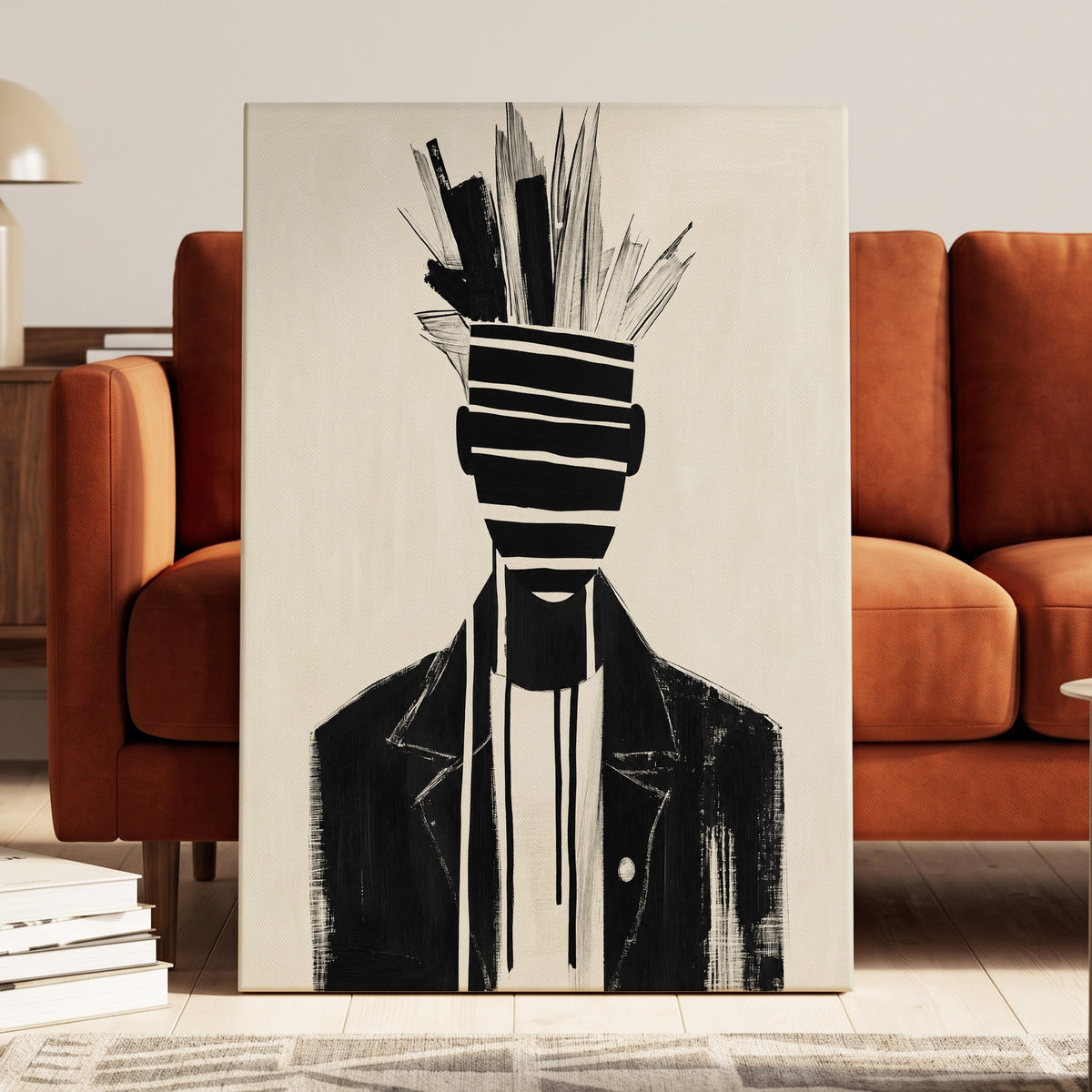 Striped Vanguard, black, beige, gray abstract wall art on canvas displayed in a styled interior, gallery view 2