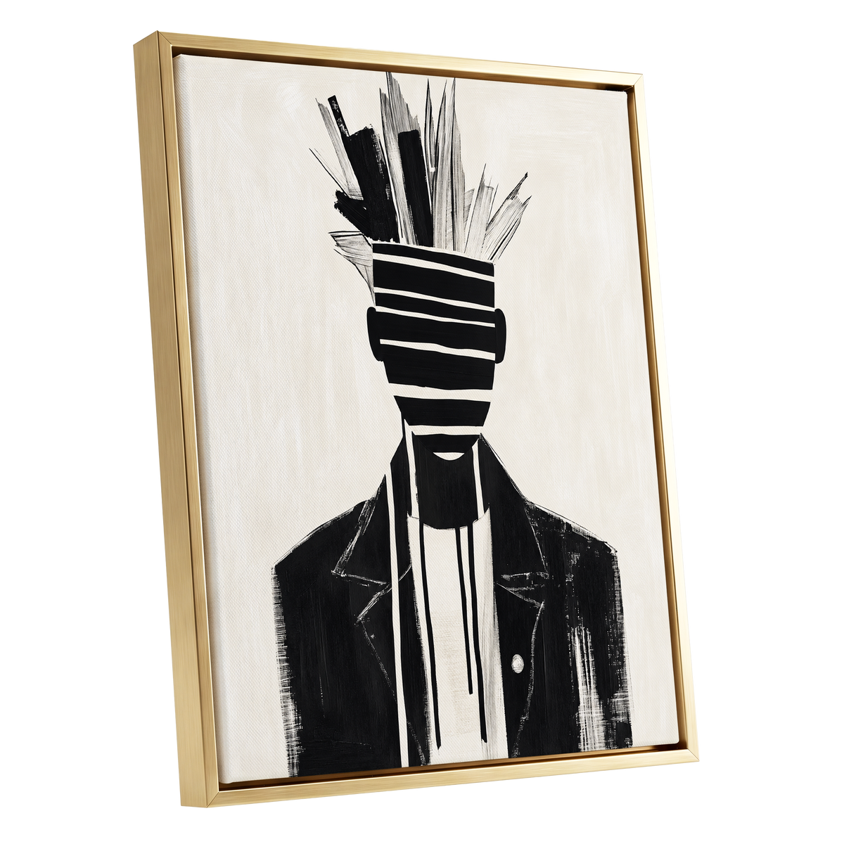 Striped Vanguard, black, beige, gray abstract wall art shown as a gold framed canvas wall art