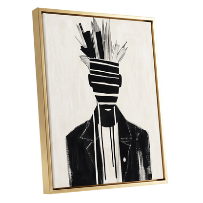 Striped Vanguard, black, beige, gray abstract wall art shown as a gold framed canvas wall art