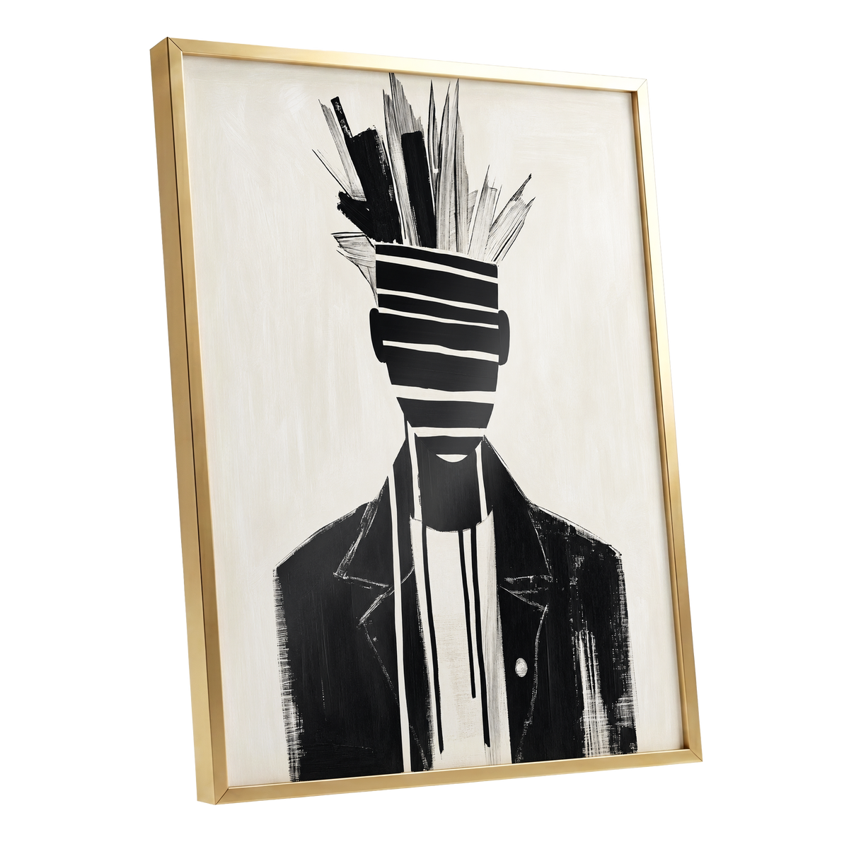 Striped Vanguard, black, beige, gray abstract wall art shown as a gold framed poster wall art print