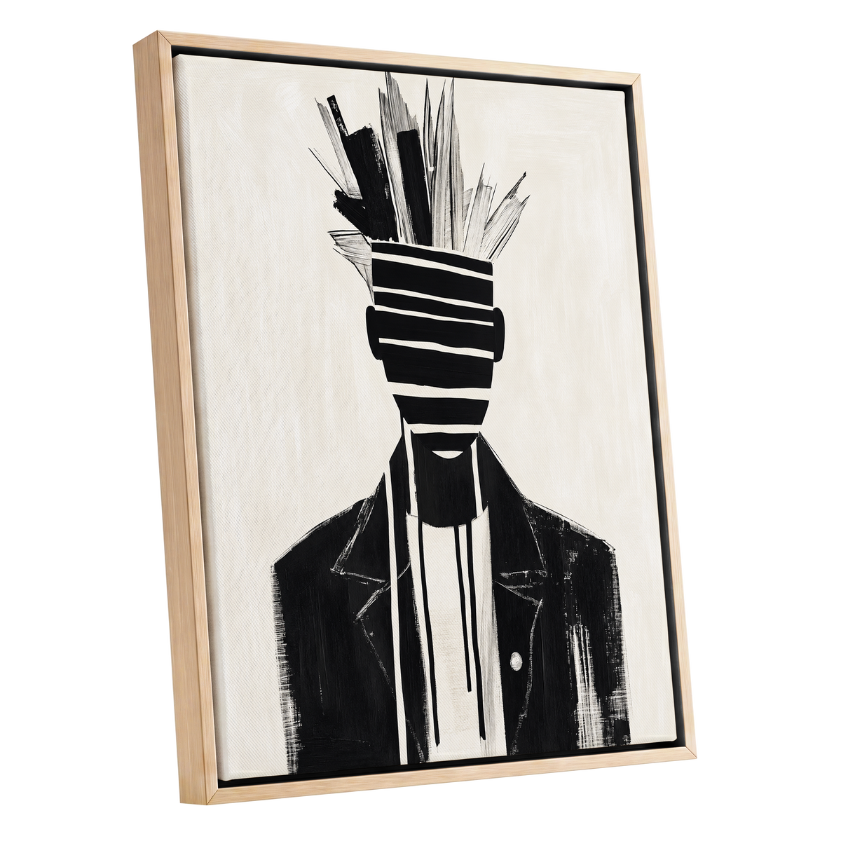 Striped Vanguard, black, beige, gray abstract wall art shown as a oak framed canvas wall art