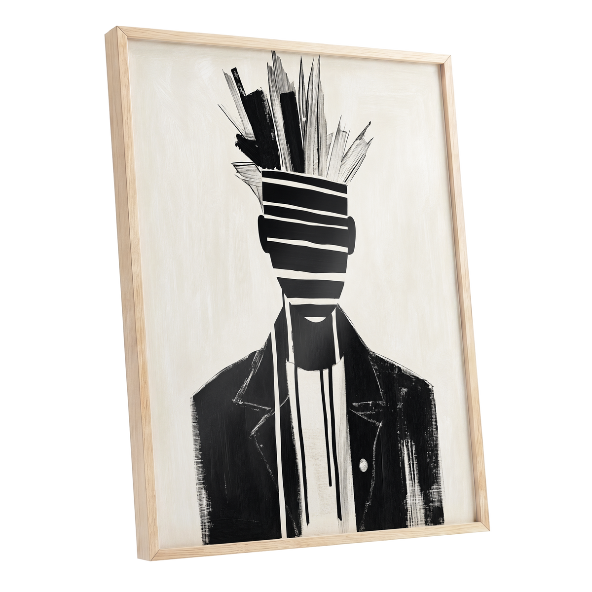 Striped Vanguard, black, beige, gray abstract wall art shown as a oak framed poster wall art print
