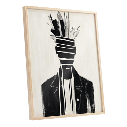 Striped Vanguard, black, beige, gray abstract wall art shown as a oak framed poster wall art print