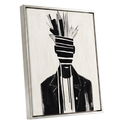 Striped Vanguard, black, beige, gray abstract wall art shown as a silver framed canvas wall art