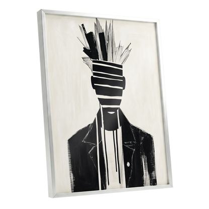 Striped Vanguard, black, beige, gray abstract wall art shown as a silver framed poster wall art print