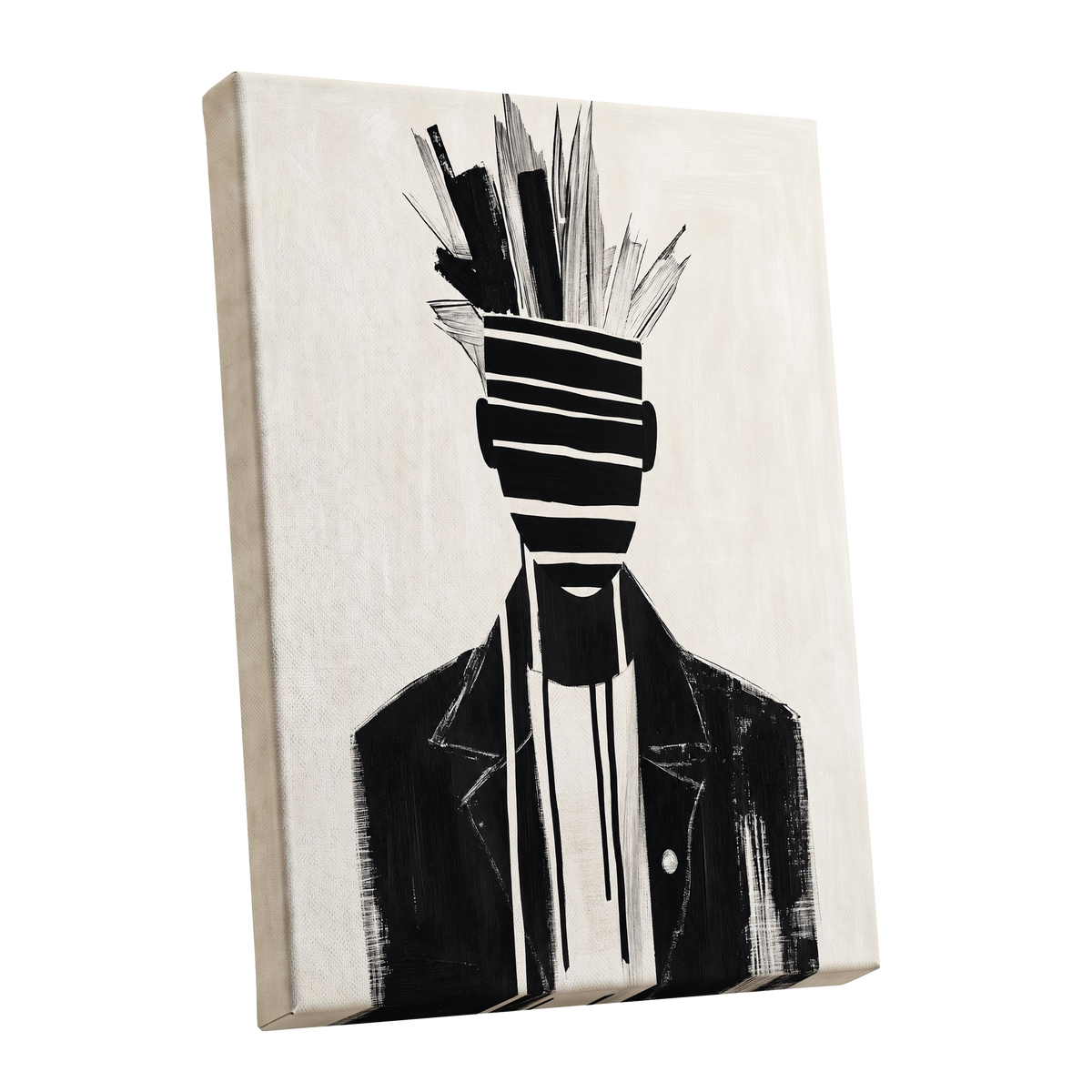 Striped Vanguard, black, beige, gray abstract wall art shown as a stretched canvas wall art