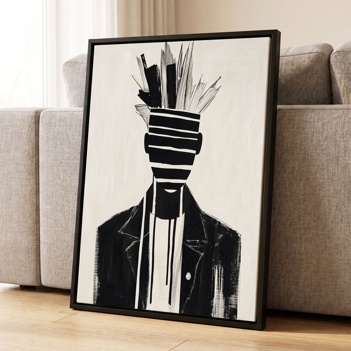 Striped Vanguard, black, beige, gray abstract wall art displayed in a styled interior, gallery view 1