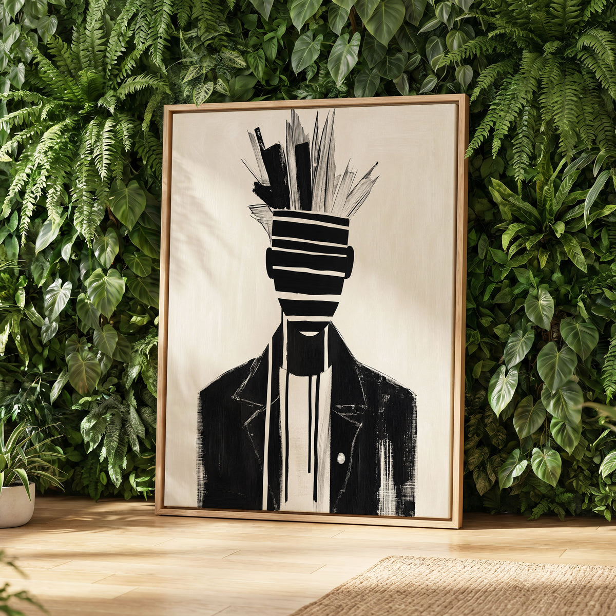 Striped Vanguard, black, beige, gray abstract wall art displayed in a styled interior, gallery view 2