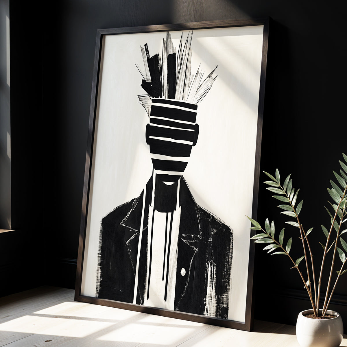 Striped Vanguard, black, beige, gray abstract wall art displayed in a styled interior, gallery view 3