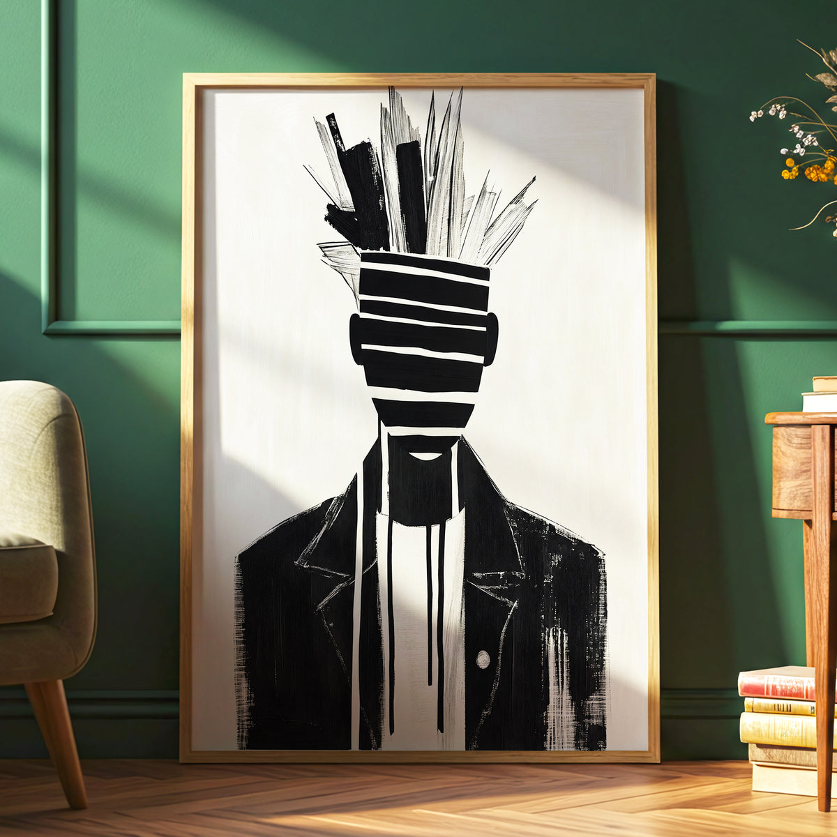 Striped Vanguard, black, beige, gray abstract wall art displayed in a styled interior, gallery view 6