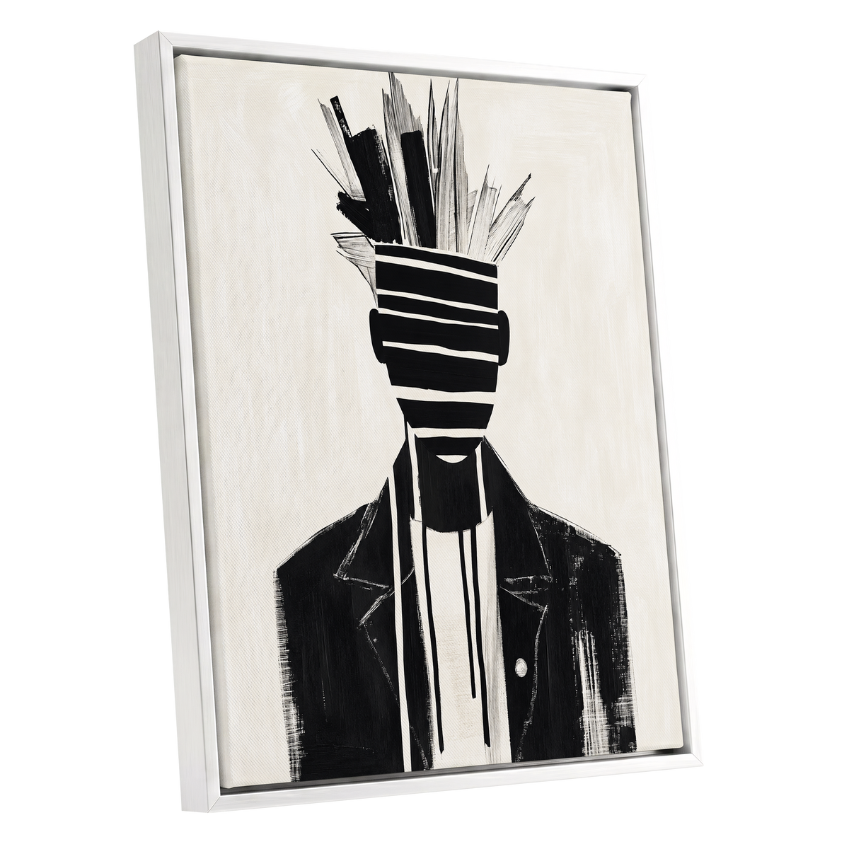 Striped Vanguard, black, beige, gray abstract wall art shown as a white framed canvas wall art