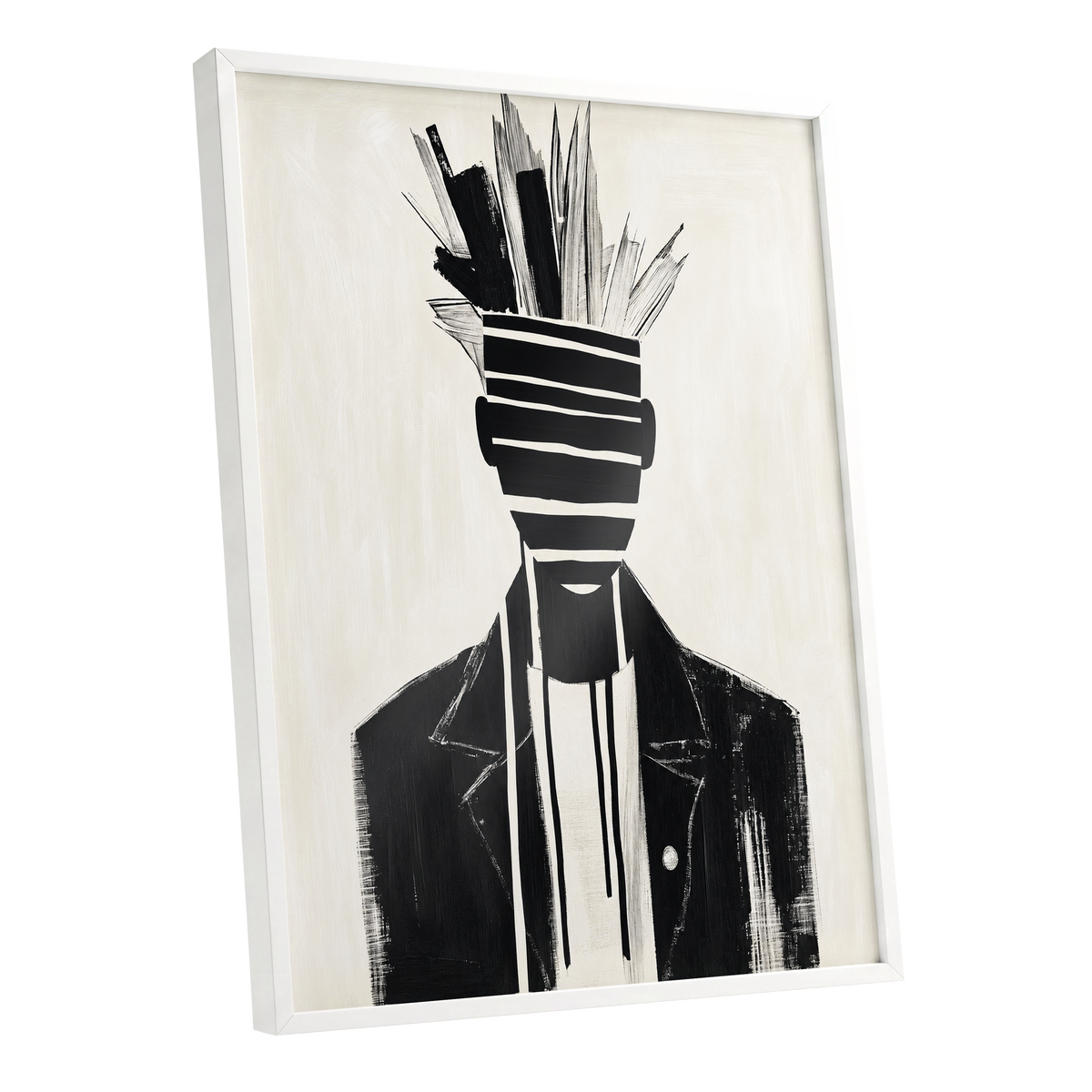 Striped Vanguard, black, beige, gray abstract wall art shown as a white framed poster wall art print