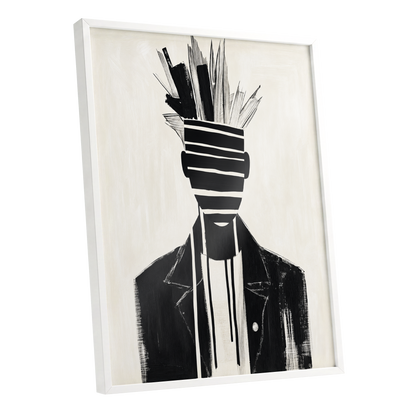 Striped Vanguard, black, beige, gray abstract wall art shown as a white framed poster wall art print