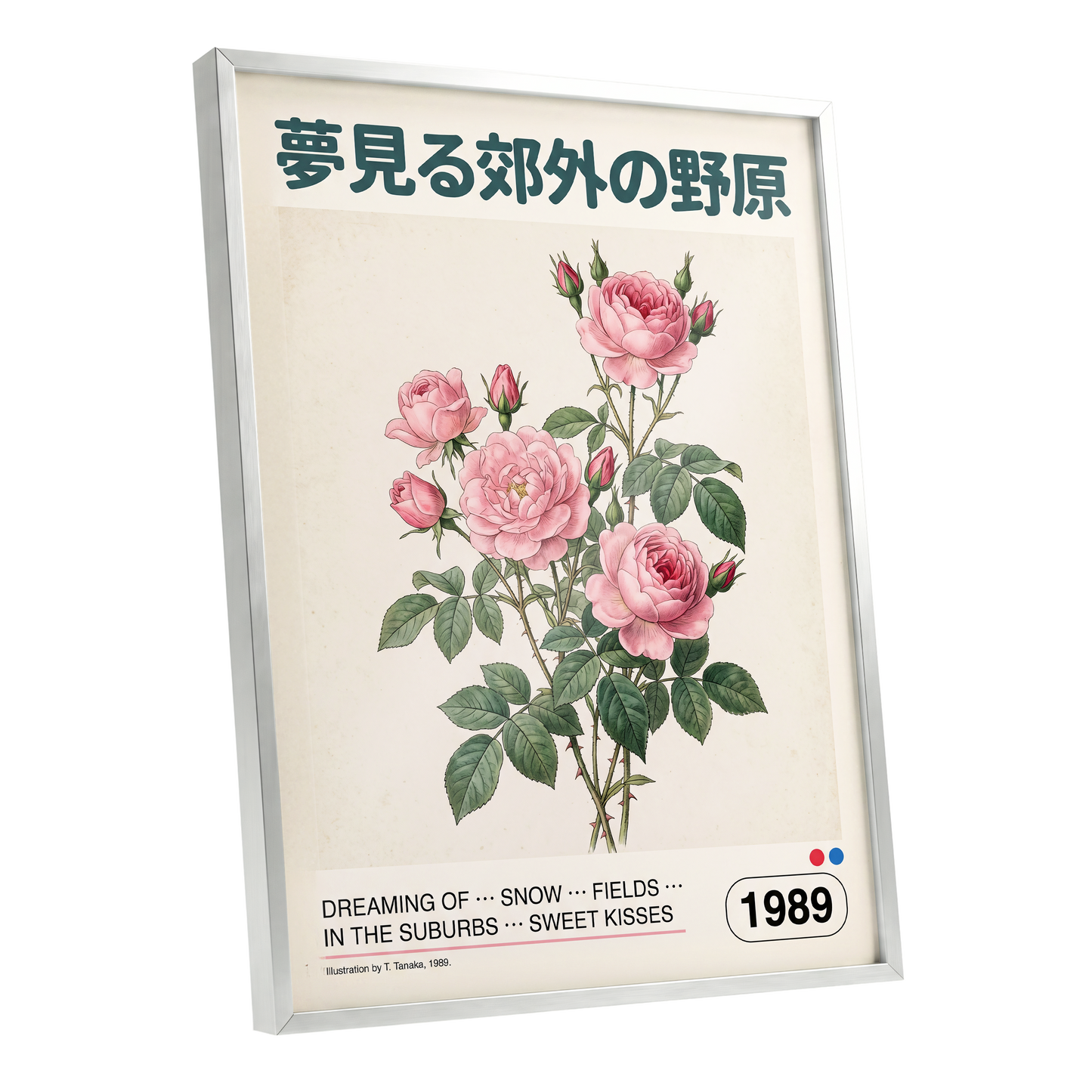 Suburban Rose Reverie, pink, green, beige floral wall art shown as a silver framed poster wall art print