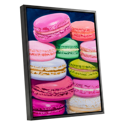 Sugarbright Macarons, pink, blue, green abstract wall art shown as a black framed canvas wall art