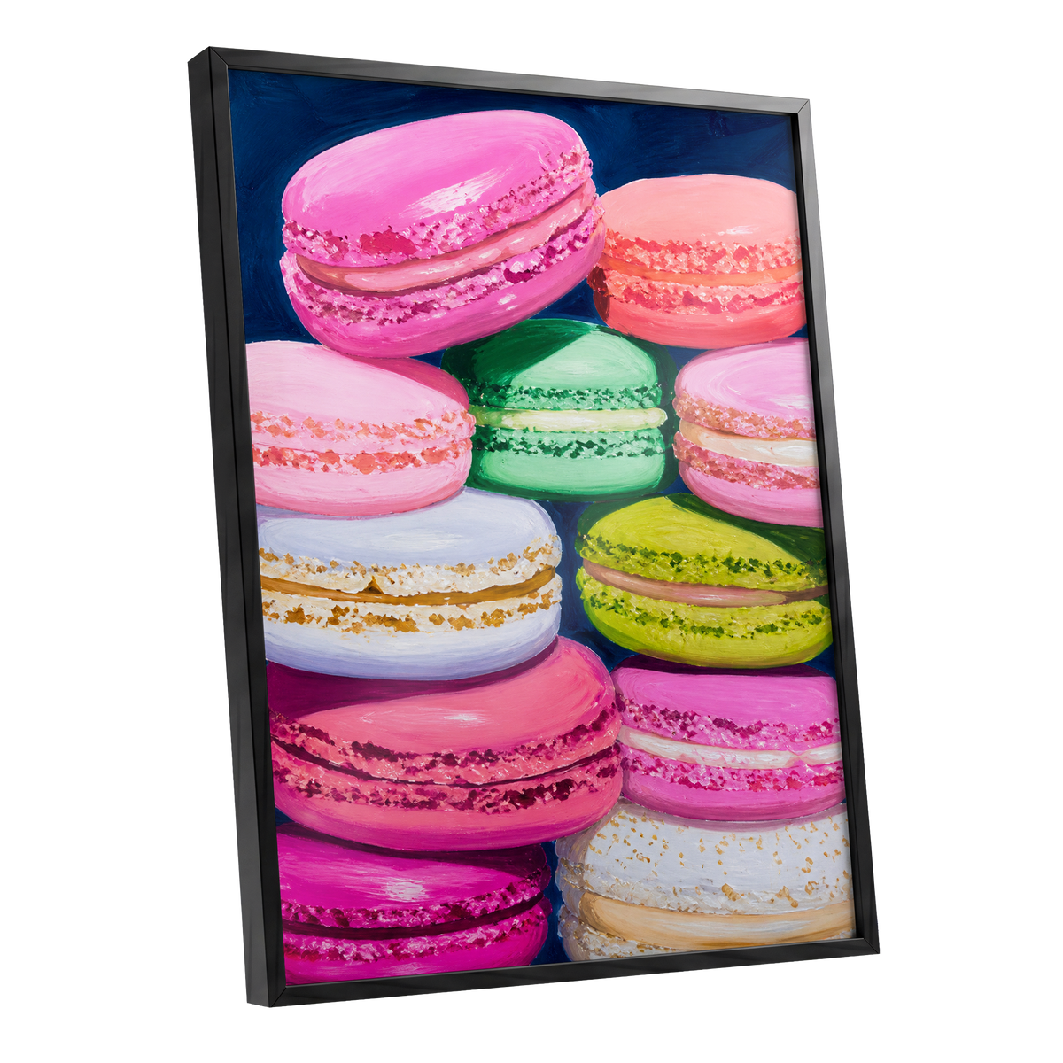 Sugarbright Macarons, pink, blue, green abstract wall art shown as a black framed poster wall art print