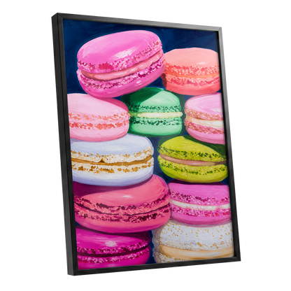 Sugarbright Macarons, pink, blue, green abstract wall art shown as a black framed poster wall art print