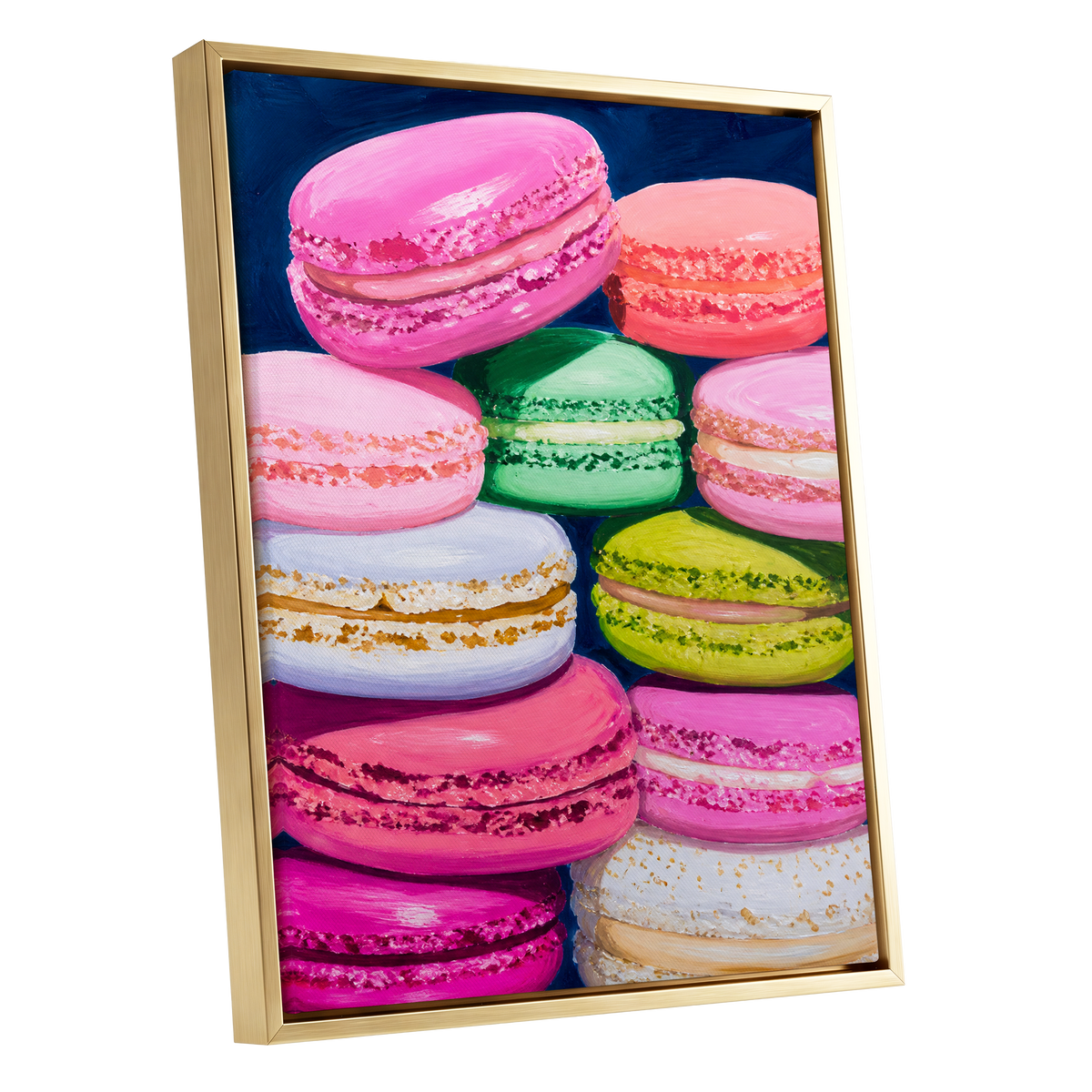 Sugarbright Macarons, pink, blue, green abstract wall art shown as a gold framed canvas wall art