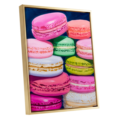 Sugarbright Macarons, pink, blue, green abstract wall art shown as a gold framed canvas wall art