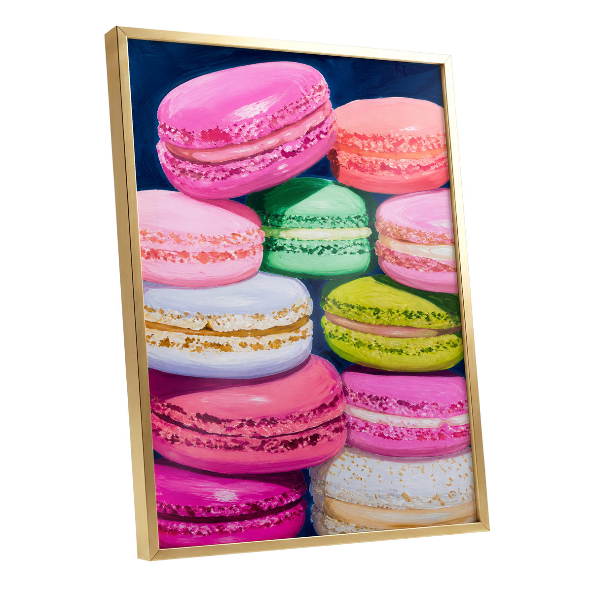 Sugarbright Macarons, pink, blue, green abstract wall art shown as a gold framed poster wall art print
