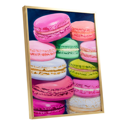 Sugarbright Macarons, pink, blue, green abstract wall art shown as a gold framed poster wall art print