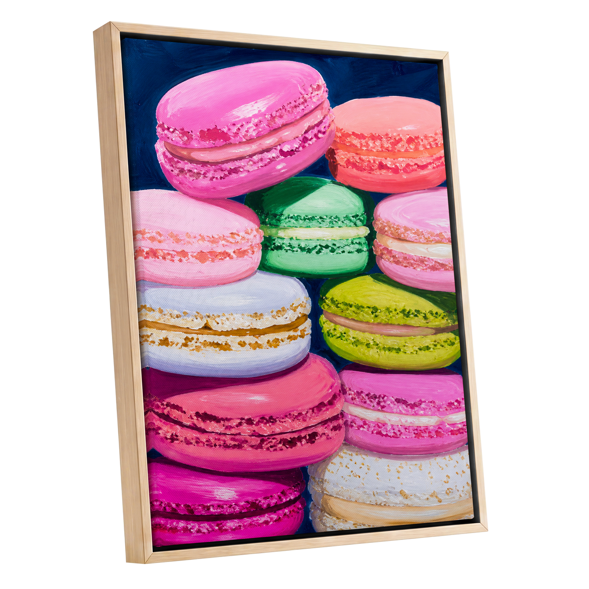 Sugarbright Macarons, pink, blue, green abstract wall art shown as a oak framed canvas wall art