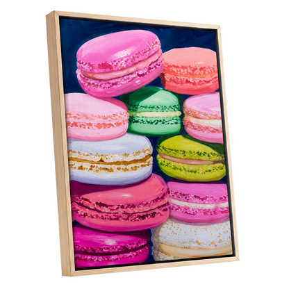 Sugarbright Macarons, pink, blue, green abstract wall art shown as a oak framed canvas wall art