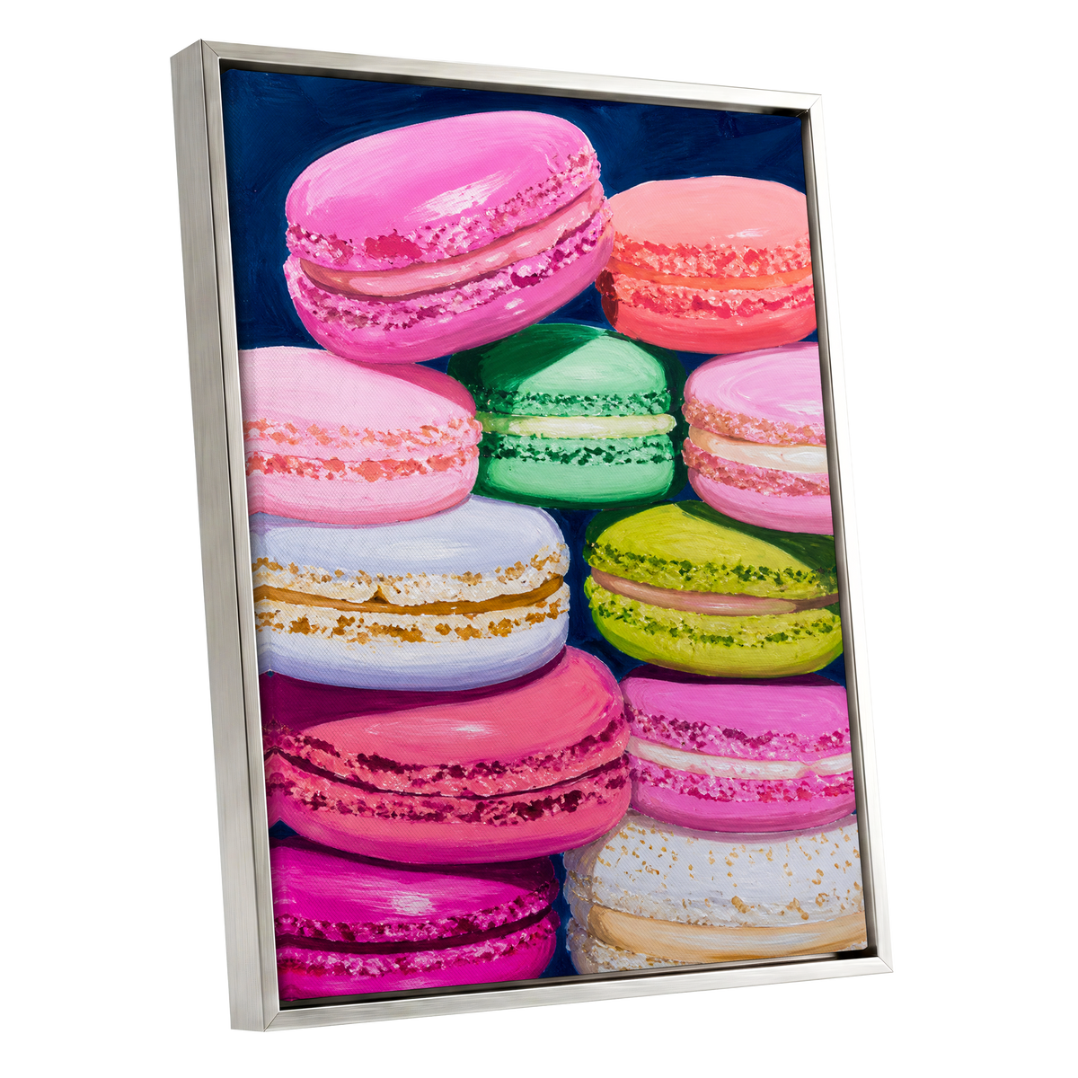 Sugarbright Macarons, pink, blue, green abstract wall art shown as a silver framed canvas wall art