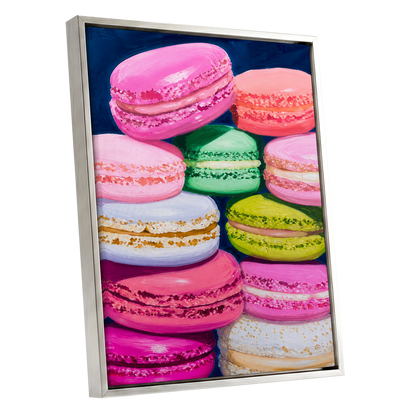 Sugarbright Macarons, pink, blue, green abstract wall art shown as a silver framed canvas wall art