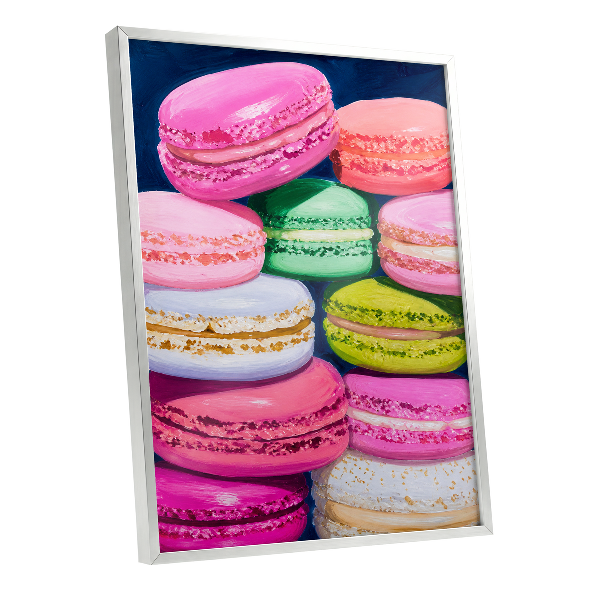 Sugarbright Macarons, pink, blue, green abstract wall art shown as a silver framed poster wall art print