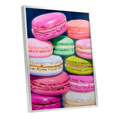 Sugarbright Macarons, pink, blue, green abstract wall art shown as a silver framed poster wall art print