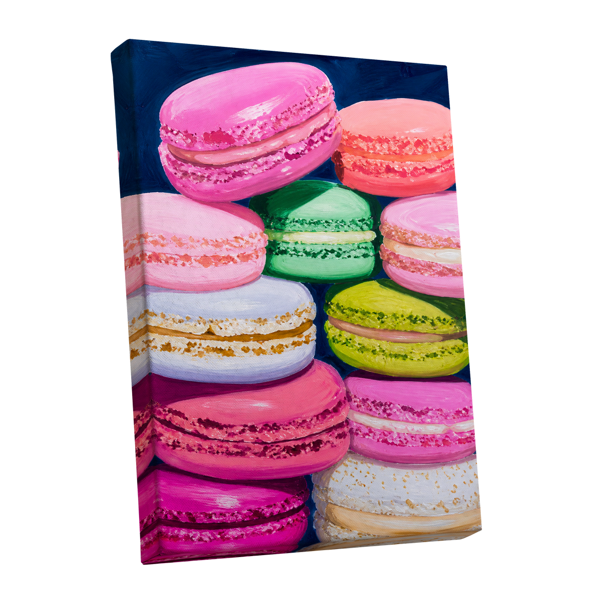 Sugarbright Macarons, pink, blue, green abstract wall art shown as a stretched canvas wall art