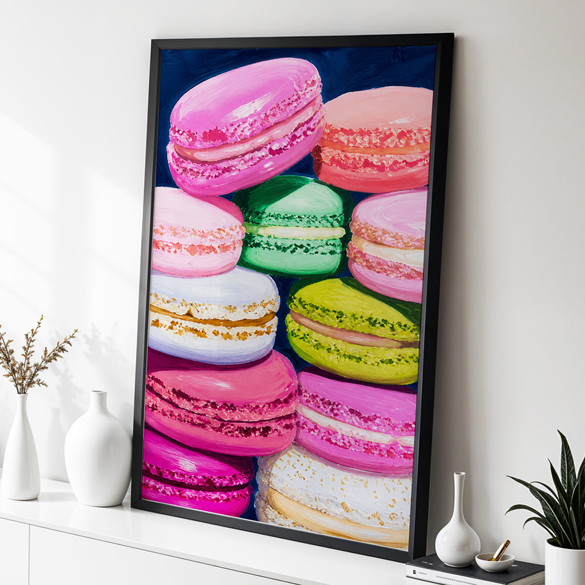 Sugarbright Macarons, pink, blue, green abstract wall art displayed in a styled interior, gallery view 2