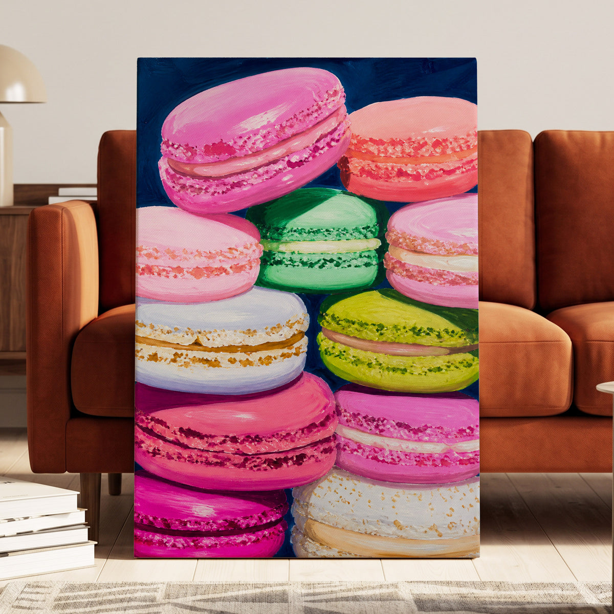 Sugarbright Macarons, pink, blue, green abstract wall art displayed in a styled interior, gallery view 3