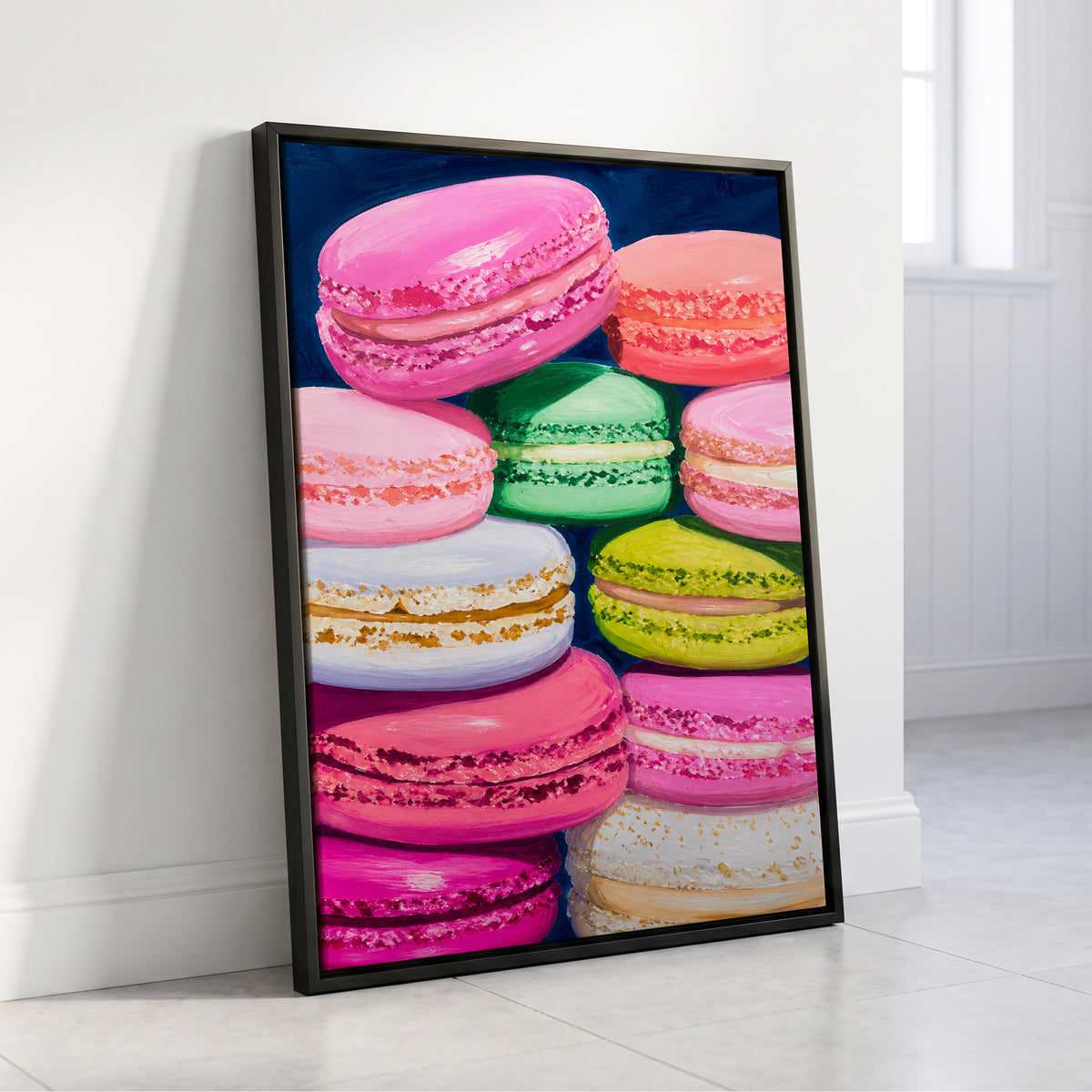 Sugarbright Macarons, pink, blue, green abstract wall art displayed in a styled interior, gallery view 4