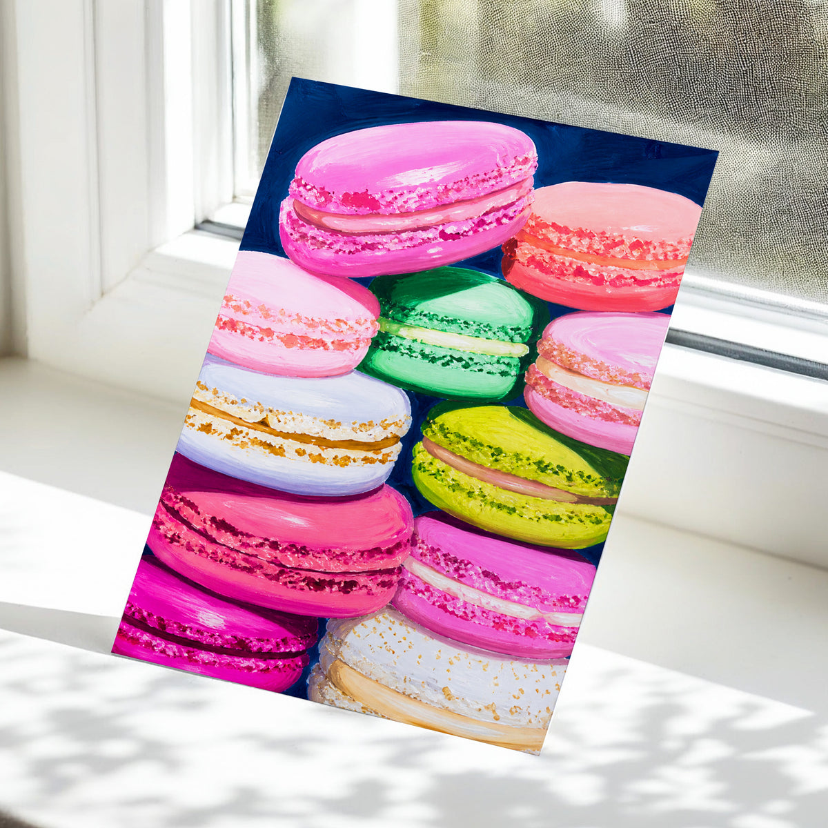 Sugarbright Macarons, pink, blue, green abstract wall art displayed in a styled interior, gallery view 5