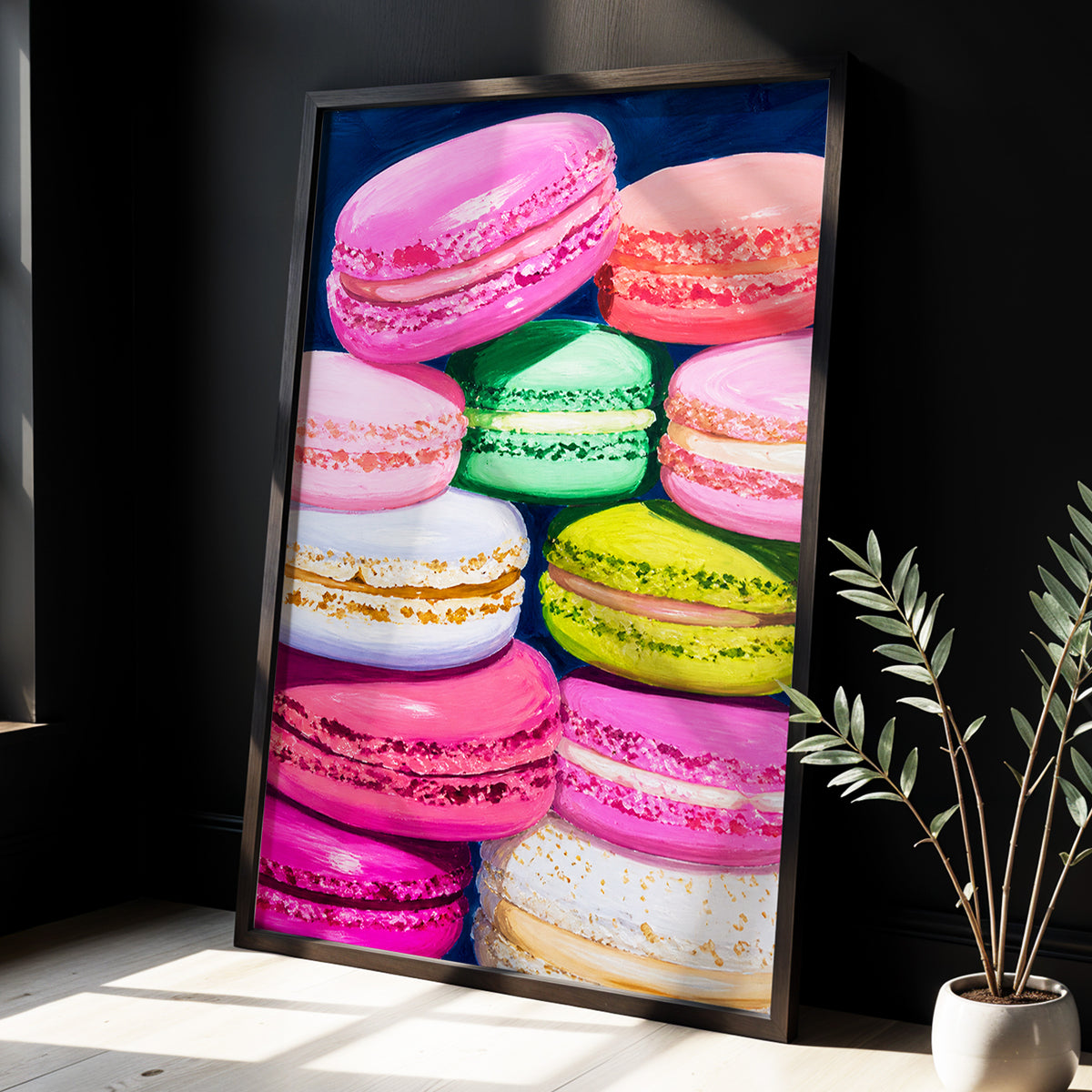 Sugarbright Macarons, pink, blue, green abstract wall art displayed in a styled interior, gallery view 6