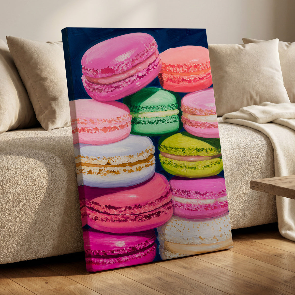 Sugarbright Macarons, pink, blue, green abstract wall art displayed in a styled interior, gallery view 7