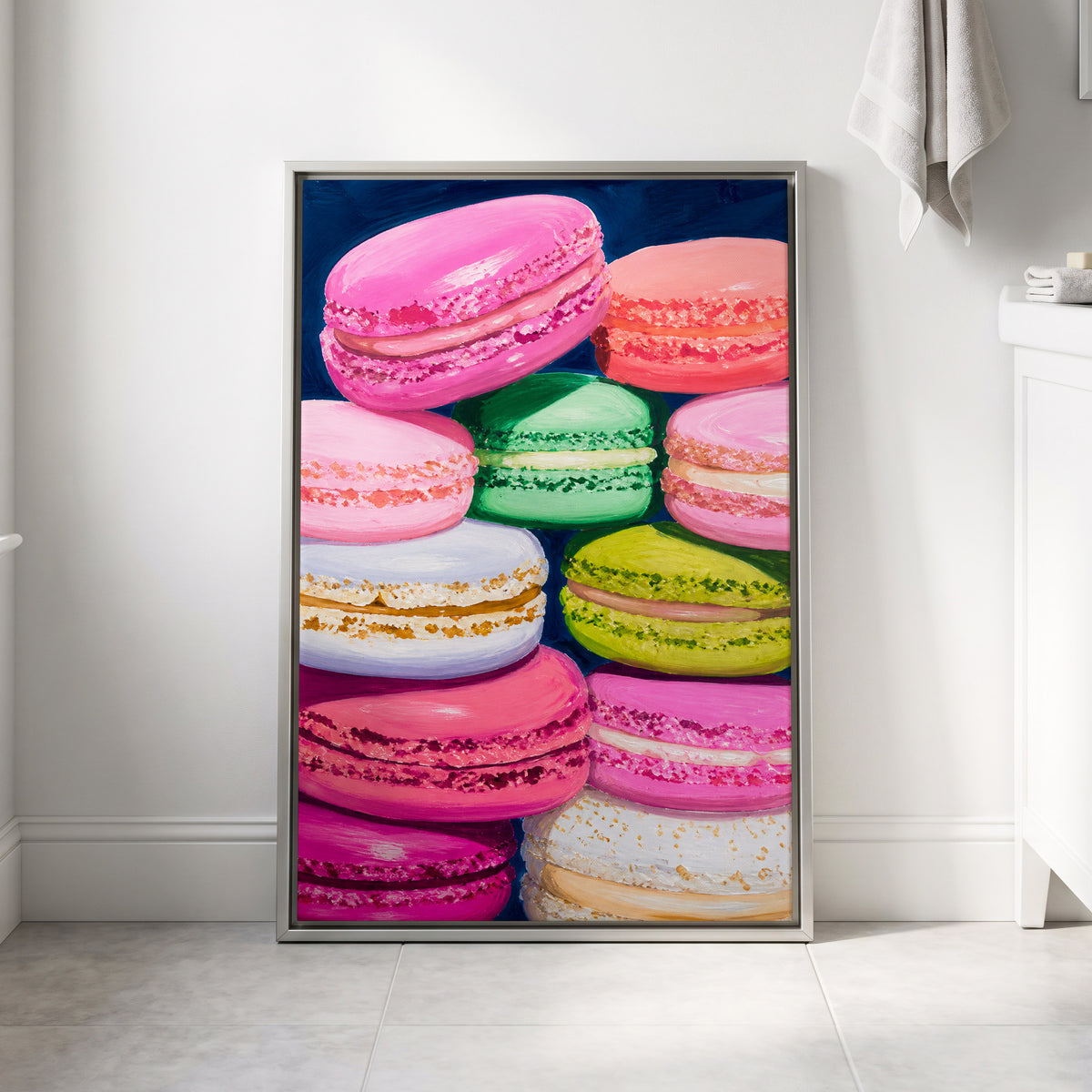 Sugarbright Macarons, pink, blue, green abstract wall art displayed in a styled interior, gallery view 8
