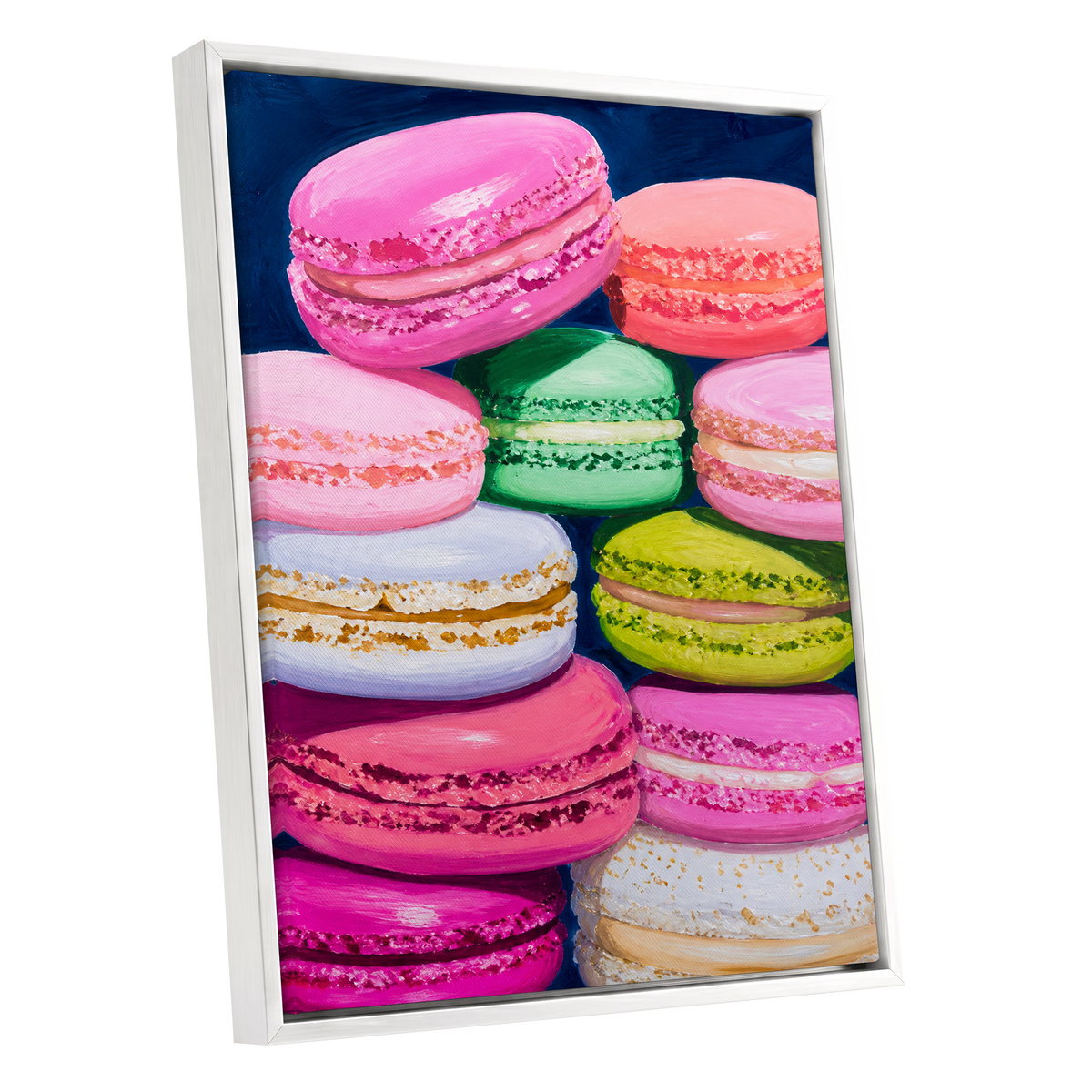 Sugarbright Macarons, pink, blue, green abstract wall art shown as a white framed canvas wall art
