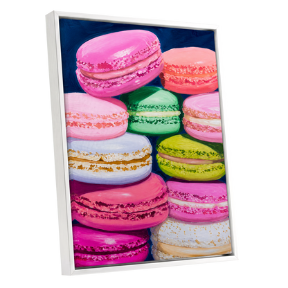 Sugarbright Macarons, pink, blue, green abstract wall art shown as a white framed canvas wall art