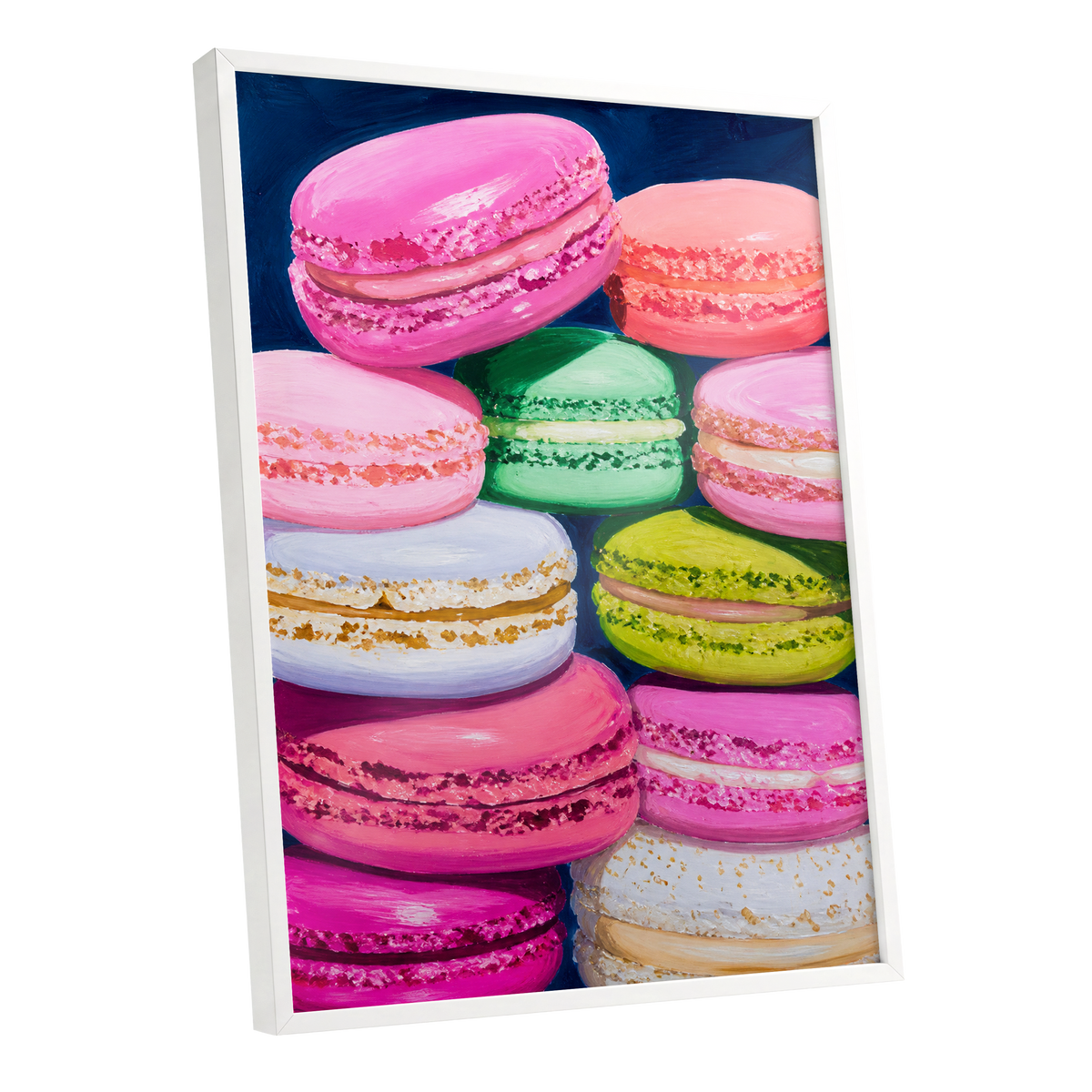 Sugarbright Macarons, pink, blue, green abstract wall art shown as a white framed poster wall art print