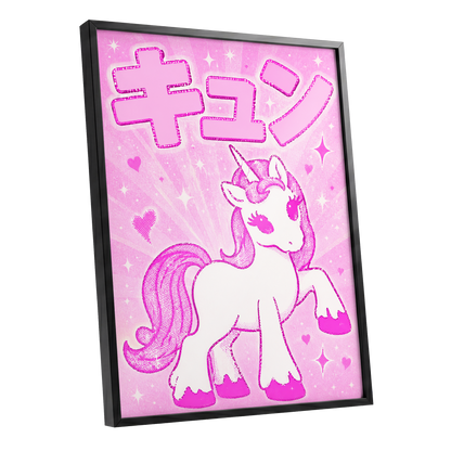 Sugarpink Unicorn, pink, white, purple abstract wall art shown as a black framed poster wall art print