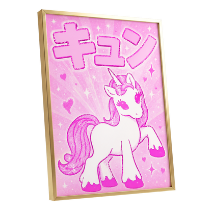 Sugarpink Unicorn, pink, white, purple abstract wall art shown as a gold framed poster wall art print