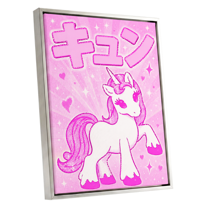 Sugarpink Unicorn, pink, white, purple abstract wall art shown as a silver framed canvas wall art