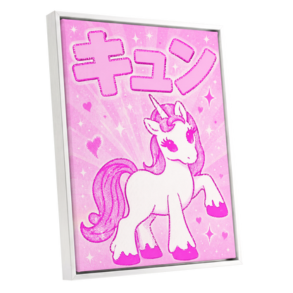Sugarpink Unicorn, pink, white, purple abstract wall art shown as a white framed canvas wall art