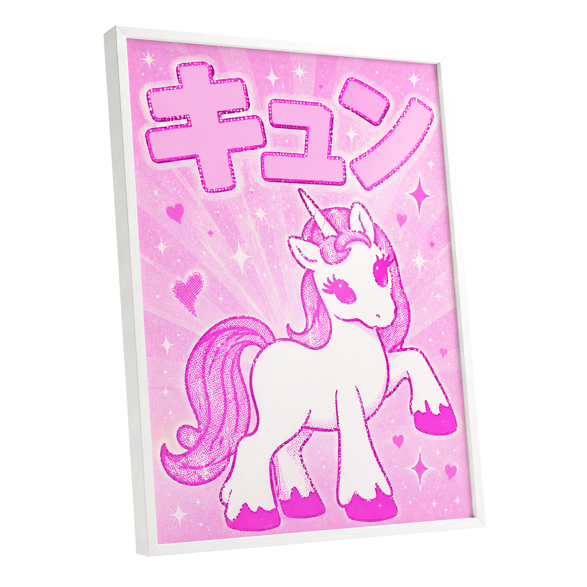 Sugarpink Unicorn, pink, white, purple abstract wall art shown as a white framed poster wall art print