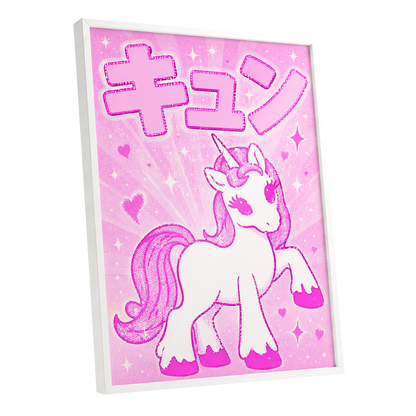 Sugarpink Unicorn, pink, white, purple abstract wall art shown as a white framed poster wall art print